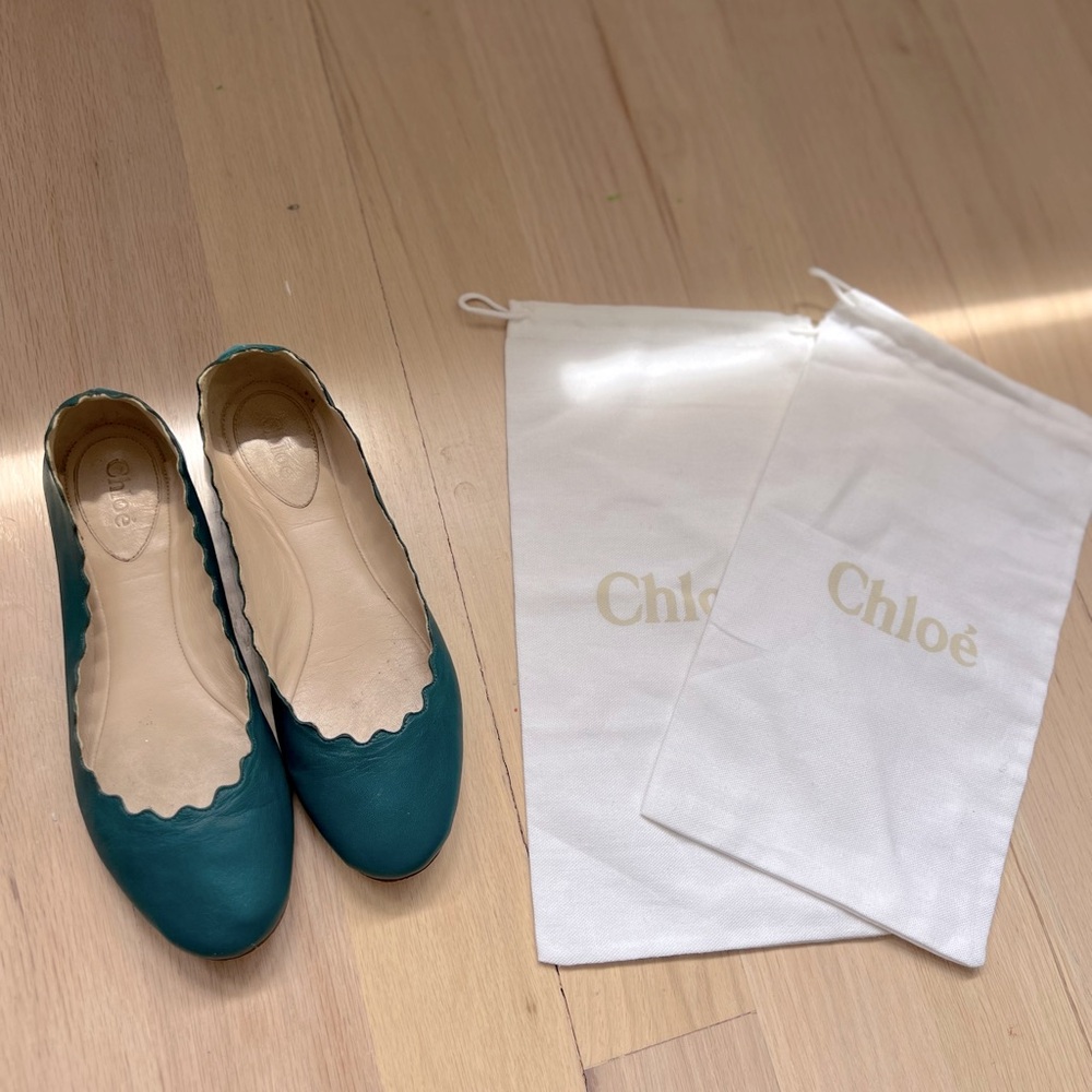 Chloe Lauren Scalloped Leather Ballet Flats size 37 in Teal Blue